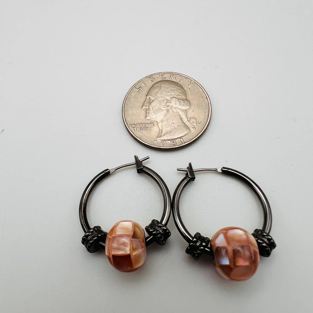 Gunmetal Hoop Earrings with Pink Mosaic Faux Mother of Pearl Shell Beads Boho